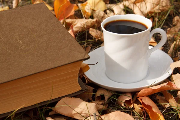 Herbstszene. Kaffeetasse und Bücher — Stockfoto