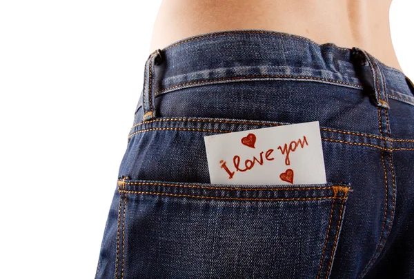 Sticker in uw zak jeans. de tekst - ik hou van je. — Stockfoto