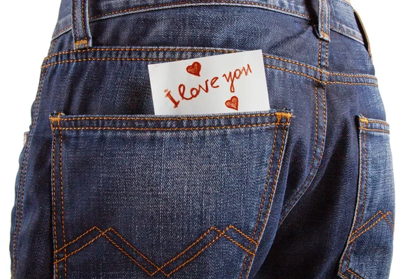 Sticker in your pocket jeans. The text - I love you. — Stock Photo, Image