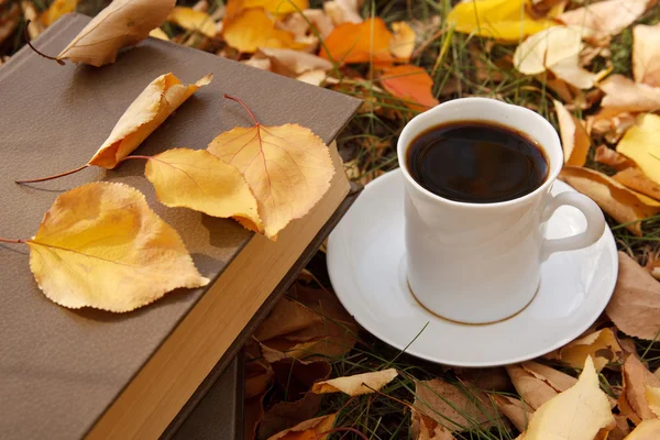 Podzimní scény. šálek kávy a knihy — Stock fotografie