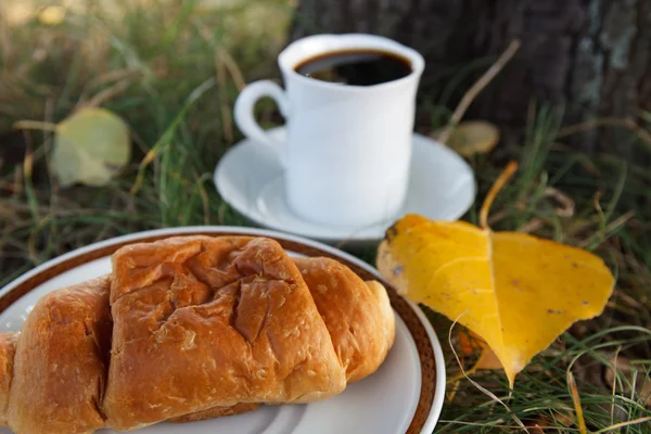 Scena d'autunno. Caffè e croissant. bella giornata — Foto Stock