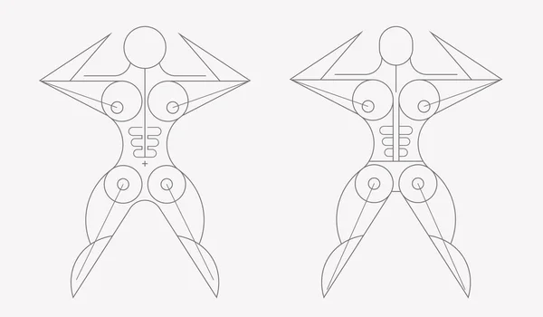 白い背景に隔離されたブラックラインアート筋肉ボディビルダーベクトルイラスト 開いた脚と手を持つ人体の抽象的なデザイン — ストックベクタ