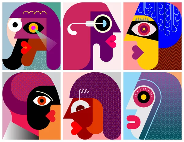 Illustration Vectorielle Six Visages Six Personnes — Image vectorielle