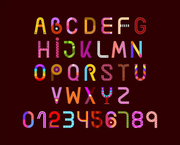 Decoratief Lettertype Ontwerp Letters Cijfers Met Verschillende Kleurrijke Patronen Geïsoleerd — Stockvector