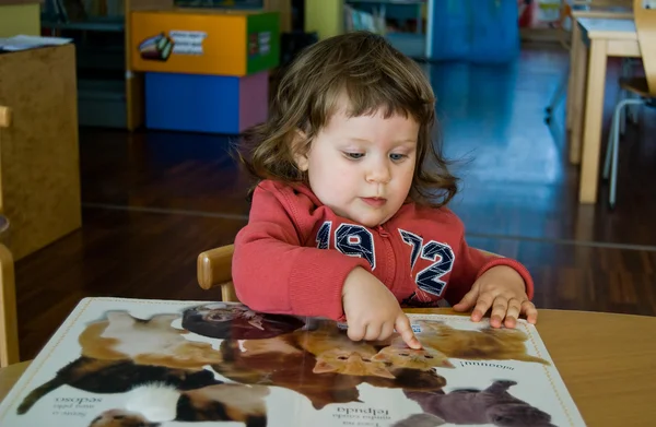 A menina está procurando livro — Fotografia de Stock