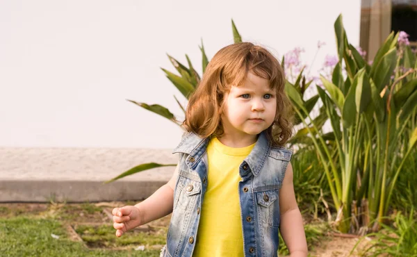 小さな女の子は牧草地で再生します。 — ストック写真