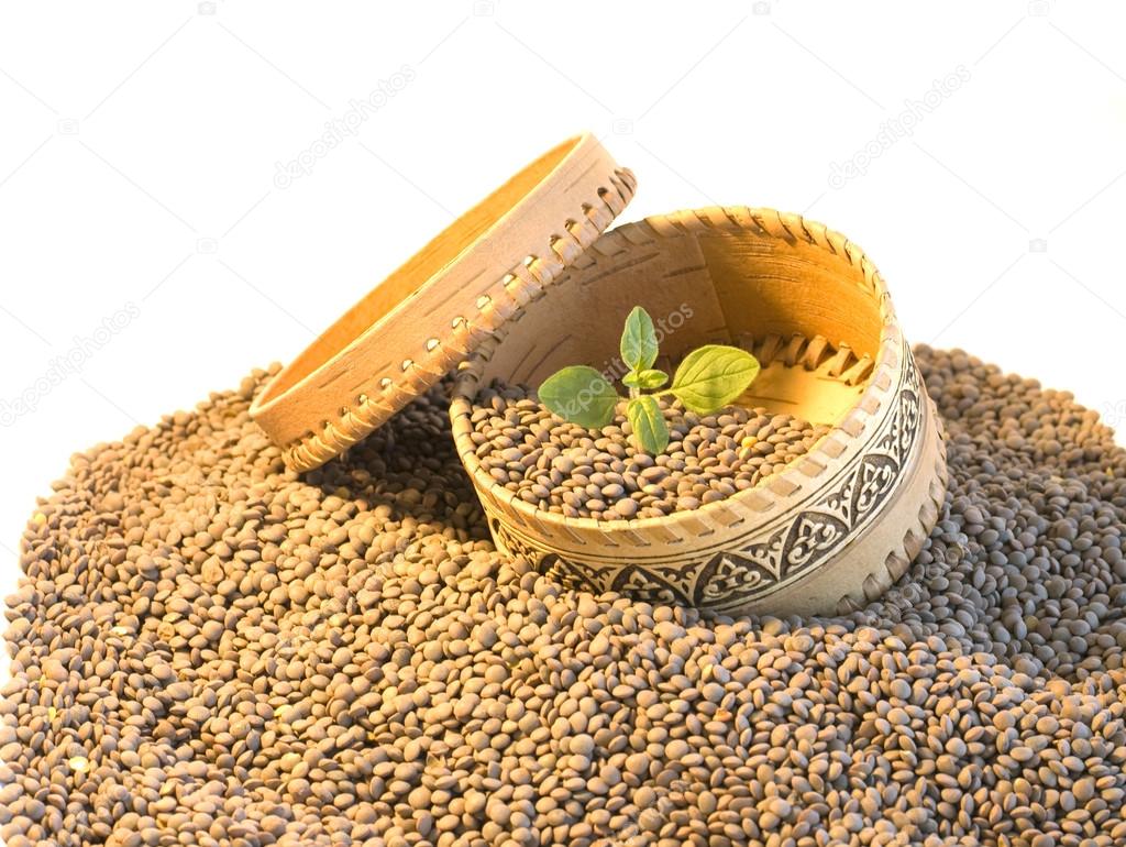 Orange lentils on green lentils backgrond