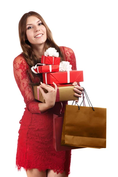 Imagen de la alegre chica ayudante de santa con caja de regalo —  Fotos de Stock