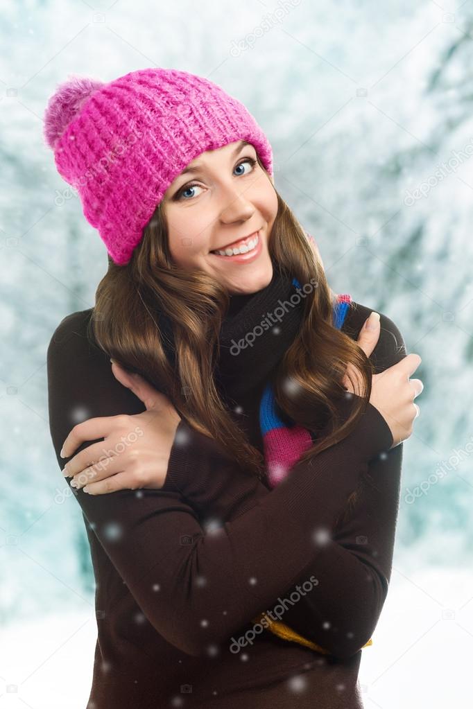 beautiful woman in warm clothing closeup portrait