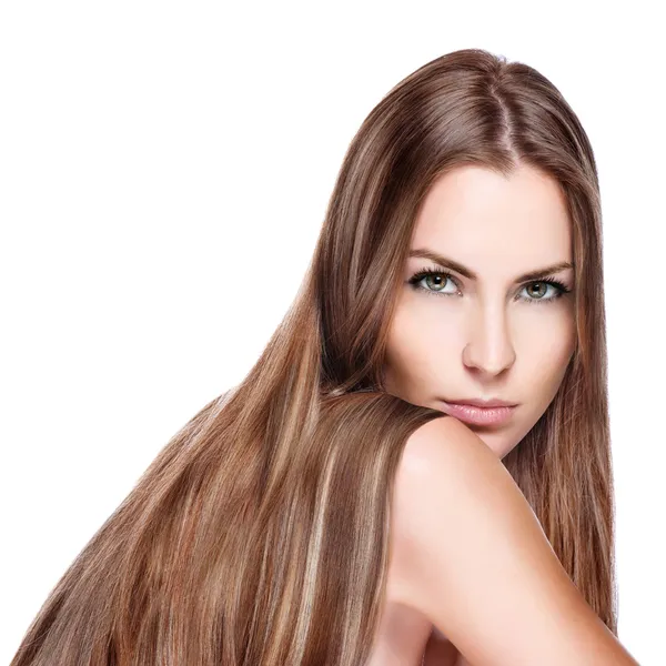 Retrato de uma jovem mulher sorridente com cabelo comprido e liso — Fotografia de Stock