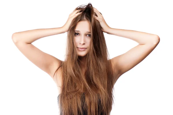 Donna con i capelli intrecciati. isolato Foto Stock