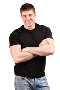 Beyaz bir arka plan üzerinde izole genç mutlu gülümseyen adam portresi