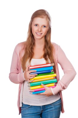 renkli egzersiz kitap tutan şirin genç çekici öğrenci kız.