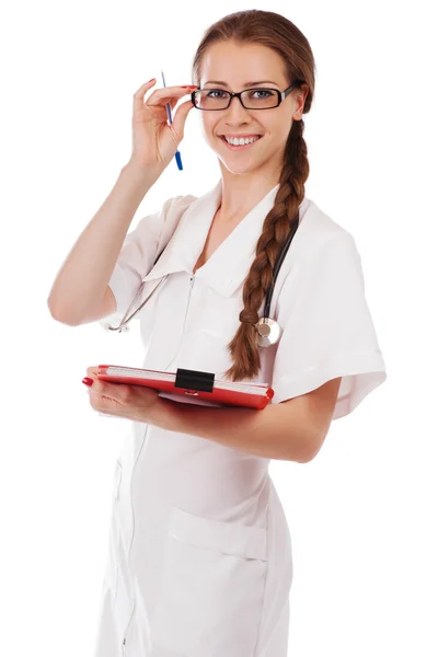 Retrato de un hermoso y elegante médico de éxito en uniforme azul — Foto de Stock