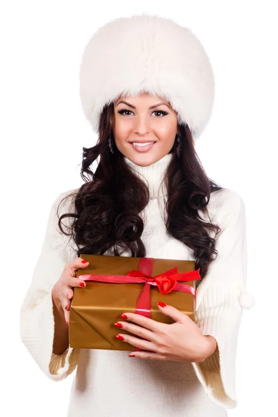 Fashion isolated woman portrait hold christmas gift. — Stock Photo, Image