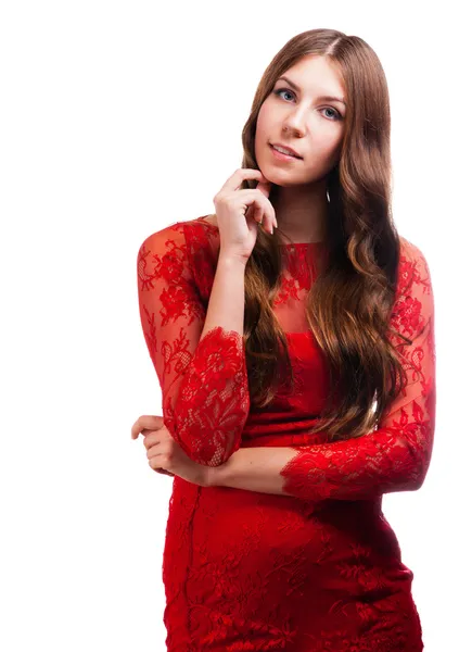 Vrouw rode jurk portret geïsoleerd op een witte achtergrond. lachende mooi meisje. vrouwelijke model. — Stockfoto