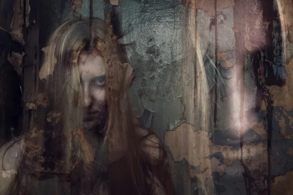 Double exposure of ghost girl in abandoned building — Stock Photo, Image