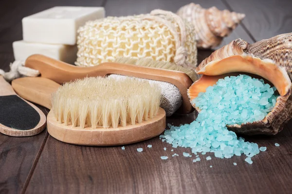 Some bath accessories on the wooden background — Stock Photo, Image