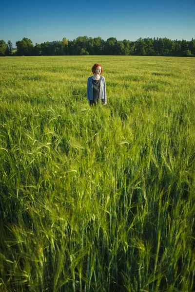 Flicka och gröna fält på morgonen — Stockfoto