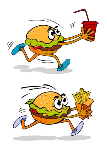 Running takeaway cartoon burger — Stock Vector