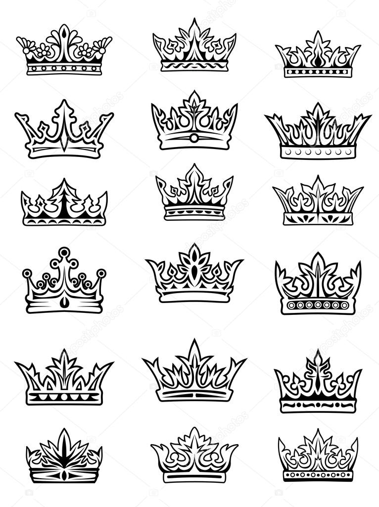 Set of black and white imperial and royal crowns