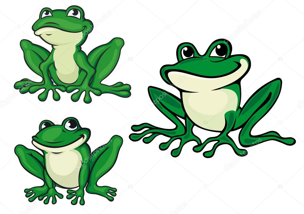 Green cartoon frogs set for wildlife or fairytale design