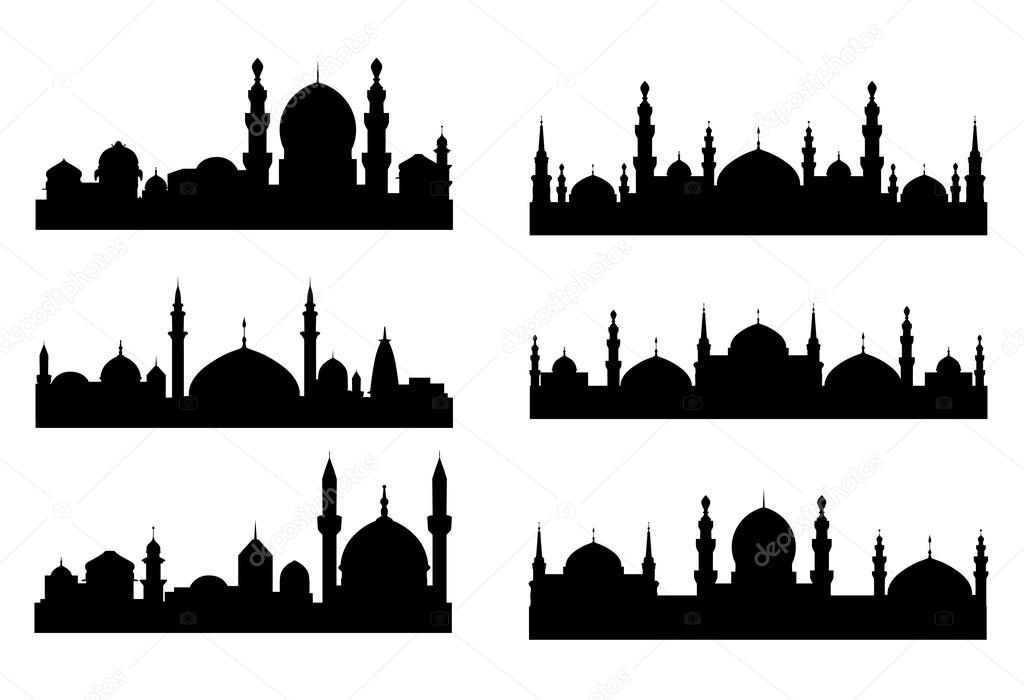 Six black silhouettes  of Arabian  cityscapes  Stock Vector 