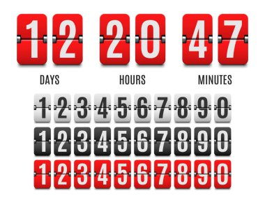 Geri sayım sayacı, geri sayım tahtası, zaman kronometresi. Günleri, saatleri ve dakikaları olan vektör zamanlayıcısı, birden sıfıra kadar izole edilmiş sayılar. Etkinlik başlama tarihi ve saati olan tahta