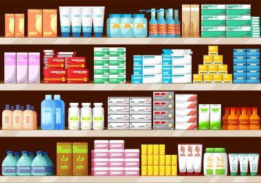 İlaç, ilaç ve hap içeren eczane rafları, eczane içsel vektör geçmişi. Eczane rafı ya da eczane tezgahı vitaminleri ve haplarla dolu kutular.