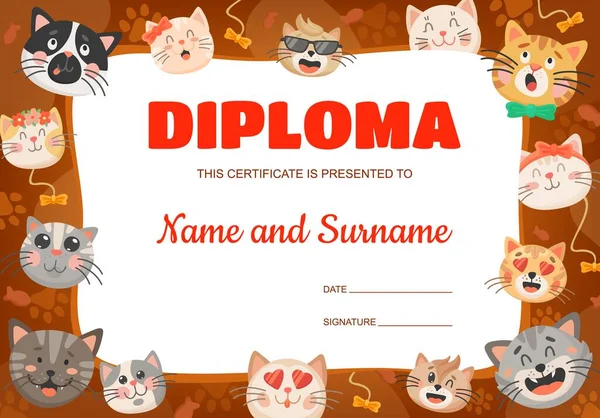 Funny Cartoon Cats Kittens Kids Diploma Vector Certificate Template Cute — Stock Vector