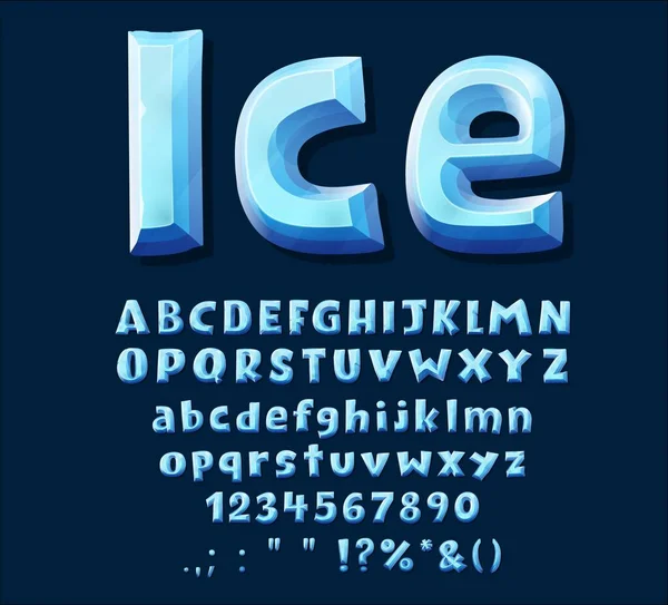 Tipo Letra Cartoon Blue Ice Crystal Alfabeto Mayúsculas Dígitos Signos — Vector de stock
