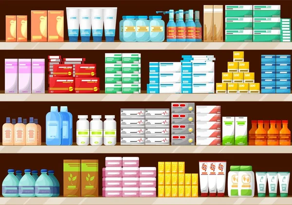 Pharmacy Shelves Medications Bottles Pills Pharmaceutic Store Interior Vector Background — Stock Vector