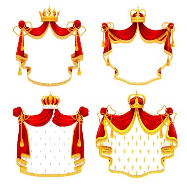 Ortaçağ kraliyet mantosunun tacı. Kings blazon, monarch arması veya hanedan vektör sembolü veya püsküllü kraliyet amblemi, püsküllü ve ermin kürkü, değerli taşlı altın taç