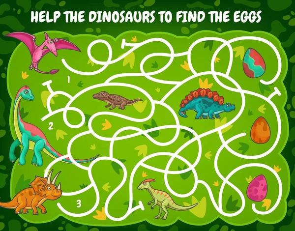 子供の迷路は恐竜が卵を見つけるのを助ける 複雑なパス内の面白い爬虫類と漫画のベクトルゲーム かわいい恐竜のキャラクターを持つ子供たちのための教育パズル 先史時代の動物がたくさん — ストックベクタ