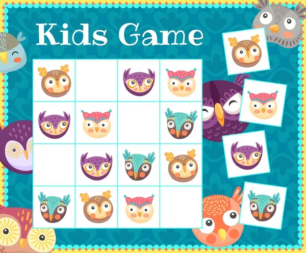 漫画かわいいフクロウやフクロウ 子供Sudokuゲームや卓上パズル ベクトル 数独ボードゲームや大きな目とパターン羽を持つ面白いフクロウ鳥と子論理パズル 謎ゲーム — ストックベクタ