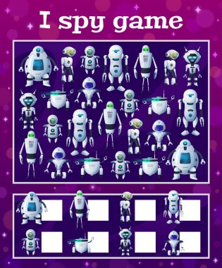 Çizgi film robotlarıyla çocuk oyunu, ai droidlerle vektör görevi. Kaç tane robot ve robotun matematik sınavı yaptığı eğitici bir bilmece. Çocuklar için numaralandırma becerileri ve ilgi geliştirme sayfası