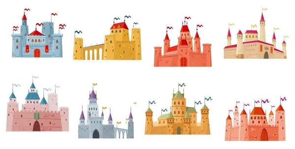 Medieval Castle Palace Fortress Towers Cartoon Buildings Isolated Vector Fairytale — Stock Vector