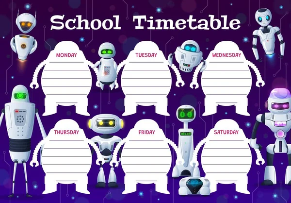 Calendário Educação Cronograma Robôs Cartoon Dróides Modelo Vetorial Projeto Semanal — Vetor de Stock