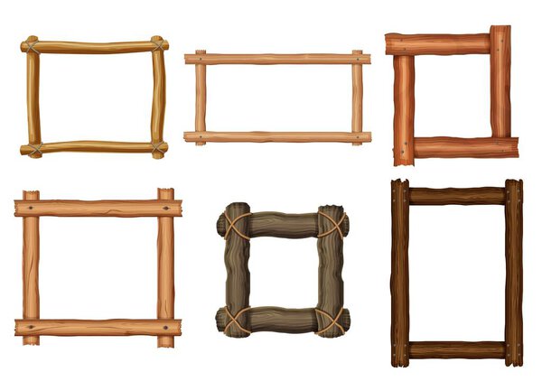 Изолированные деревянные рамы или границы ретро-фотографии. Векторная деревянная доска, коричневая доска и старые деревенские деревянные рамы, закрепленные деревянными гвоздями и натуральными веревками, изолированные винтажные рамы