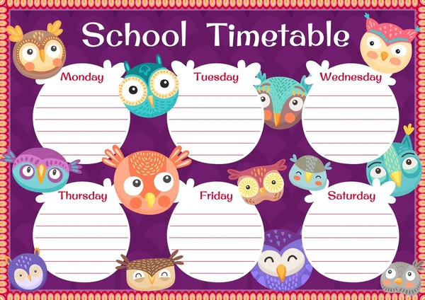 Cartoon Owls Owlets Funny Birds Kids Education Timetable Schedule Vector — Stock Vector