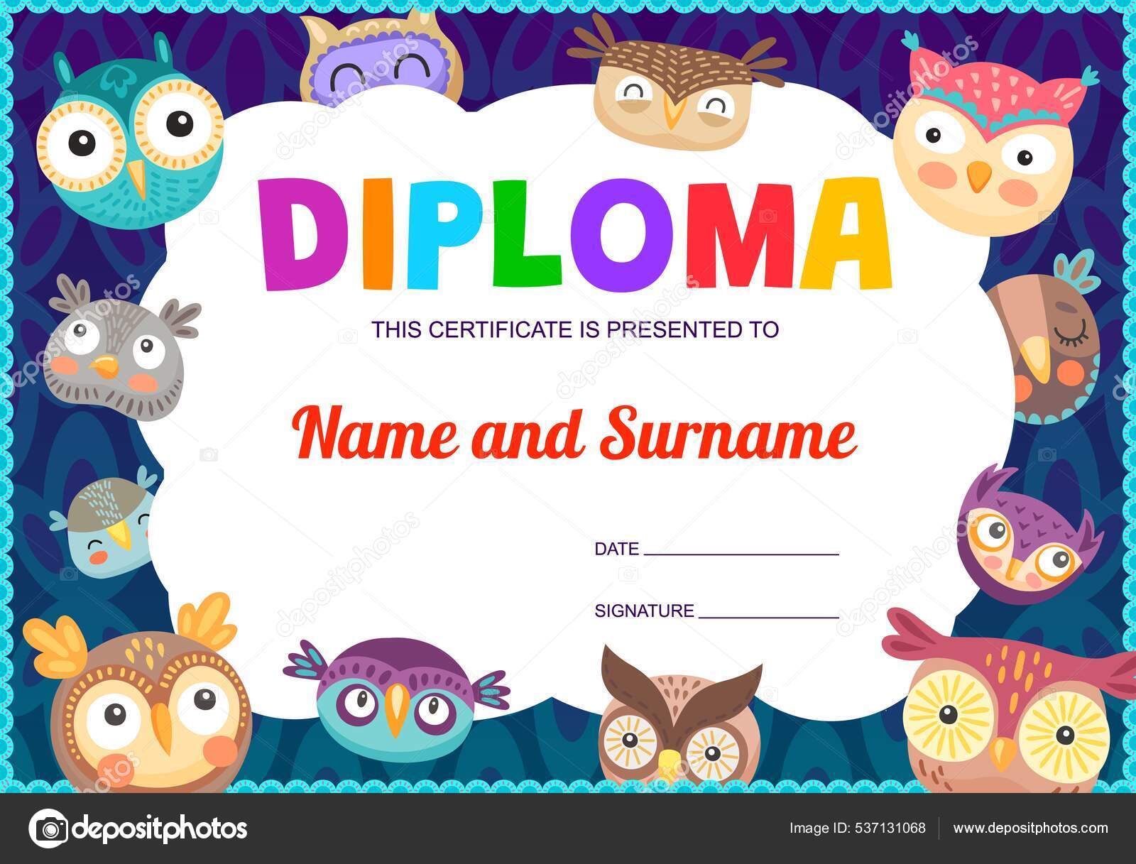 Corujas Engraçadas Dos Desenhos Animados Corujas Crianças Diploma Modelo  Certificado Vetor de ©Buchandbee 537131068, image size:1600x1217