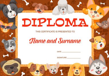 Komik karikatür köpekleri ve kemik çocuk diplomalı köpekler. Çizgi filmdeki evcil hayvan havuzlu vektör sertifikası. Husky, pug ve akita inu. Anaokulu mezuniyeti veya okul başarısı için eğitim ödülü çerçevesi