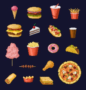 8 bit pikselli fast food ve retro video oyun setinin vektör simgeleri. Pikselleştirilmiş pizza, hamburger, hamburger, kahve, sosisli sandviç, tavuk budu ve kek, taco, donut, patates, soda veya dondurma.