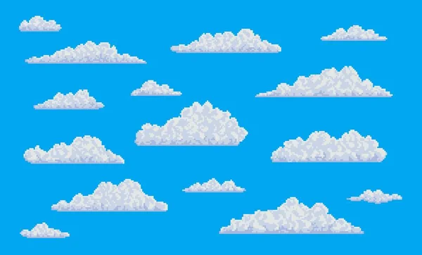 Pixel Blanc Nuages Bulles Moelleux Sur Ciel Bleu Bit Art — Image vectorielle