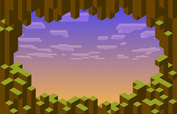 Cubic Pixel Spiel Ebene Hintergrund Vektorrahmen Aus Steinblöcken Und Lila — Stockvektor