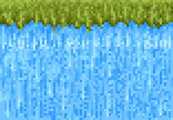River Lake Waterfall Water Cascade Grass Cubic Pixel Game Pattern — Stock vektor