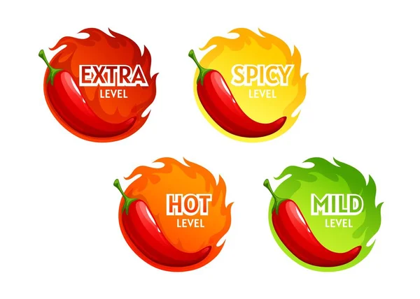 Hete Kruidige Niveau Etiketten Van Peper Chili Voedsel Vector Pictogrammen — Stockvector