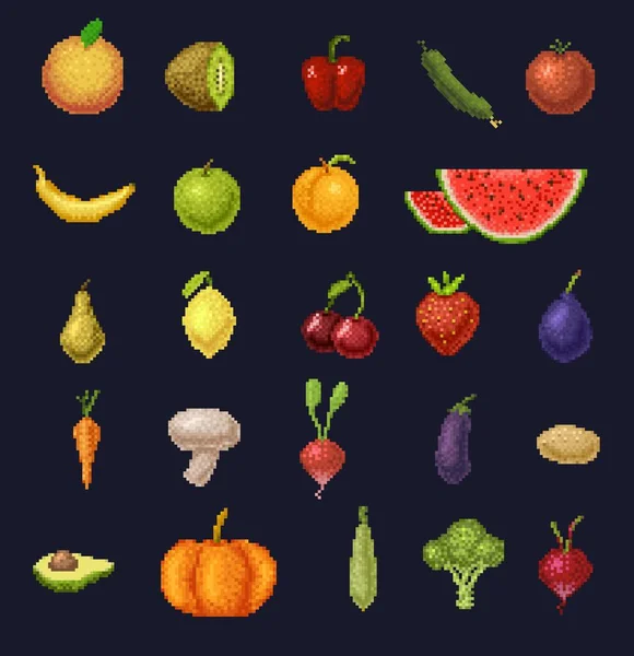 ベクトルファームフードの8ビットピクセルアートフルーツ ベリー 野菜アイコン レトロゲームピクセル化イチゴ オレンジ トマトとコショウ ニンジン チェリー リンゴとバナナ ブロッコリー — ストックベクタ