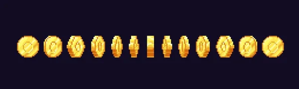 Animazione Moneta Oro Bit Pixelated Moneta Moneta Cornici Ruotate Vettoriale — Vettoriale Stock