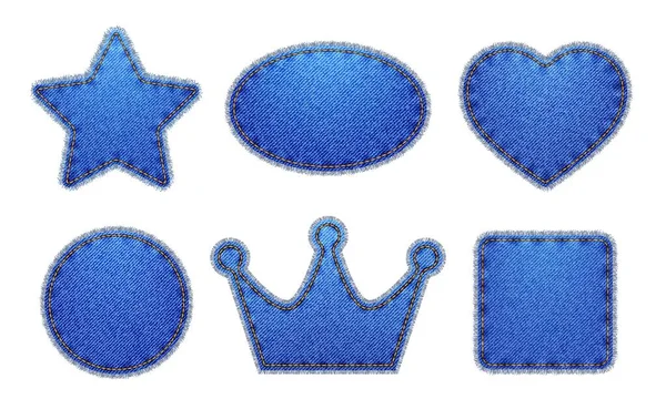Parches Vaqueros Azules Etiquetas Corona Círculo Corazón Parches Textura Vaqueros — Vector de stock